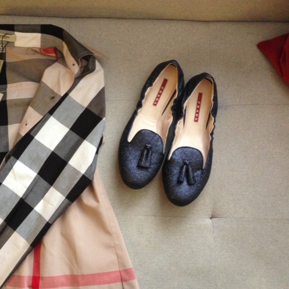 Prada Glitter Blue Flats with Tassles